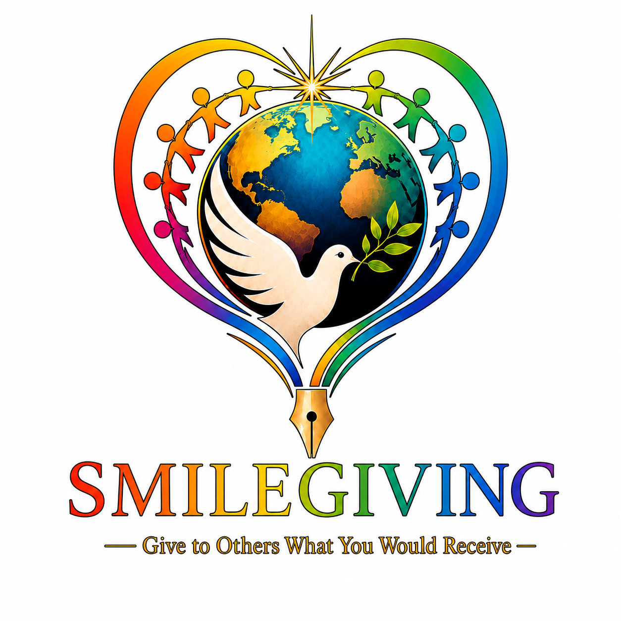 Smilegiving — a dove with an olive branch before a globe, encircled by figures joining hands into a heart that resolves to a pen nib