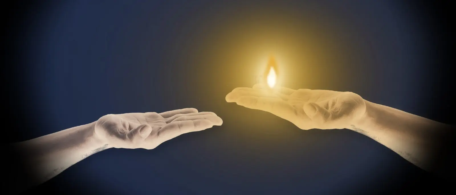 Two open hands reaching toward each other, one holding a small flame, against a deep blue-black background