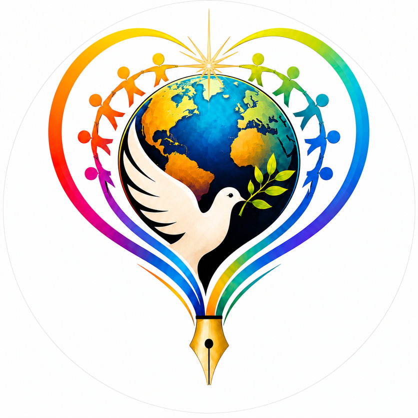 Smilegiving emblem — a dove with an olive branch before a globe, encircled by figures joining hands into a heart, resolving to a pen nib